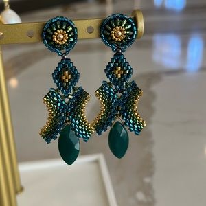Miguel Ases Statement Earrings 2.75 inches long. Green, gold and Turquoise.